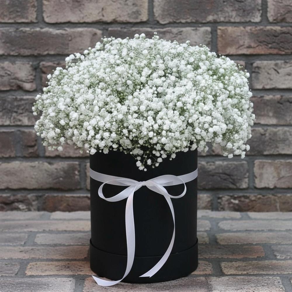 Цветочная композиция из Гипсофила в шляпной коробке в Александровке Наро-Фоминск