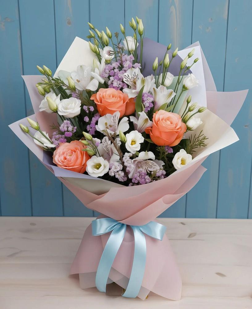 Букет цветов из: Лизиантусы, Розы, Альстромерии и Гипсофила в Александровке Наро-Фоминск